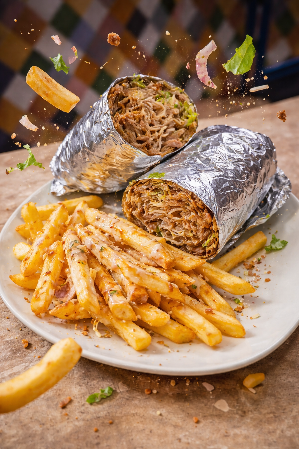 Fotografía gastronómica publicitaria de dürüm y patatas