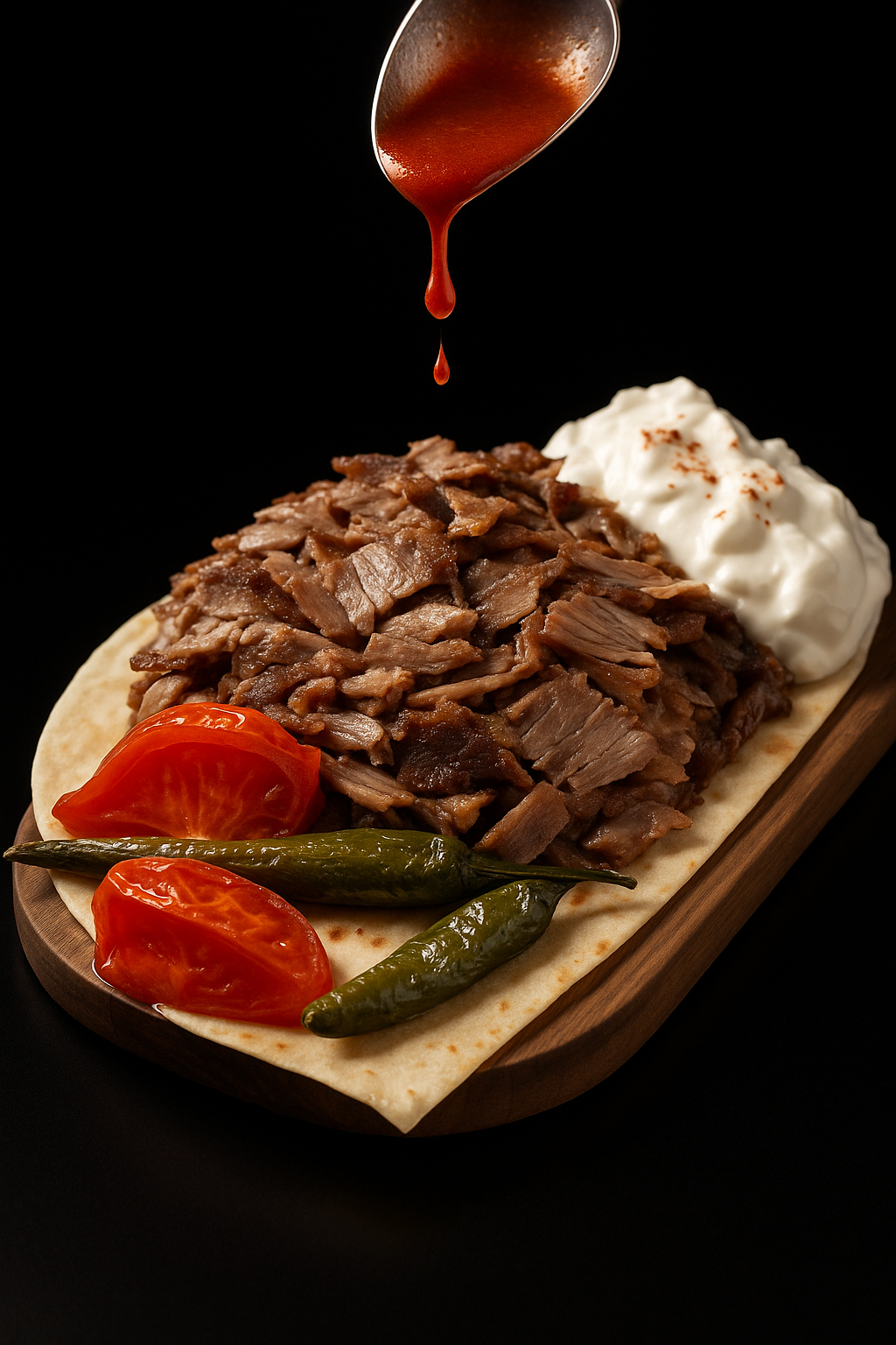 Imagen gastronómica de kebab con salsa para publicidad
